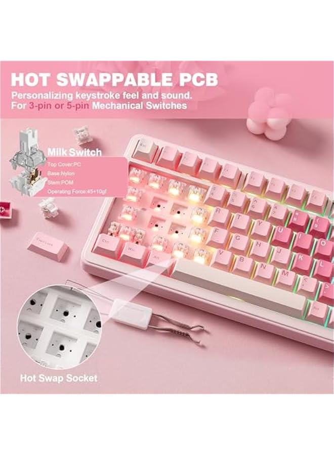 B75 PRO Wireless Mechanical Keyboard,75% Layout with Knob,Hot Swap Gasket Custom Structure,Creamy Pre-lubed Switches,RGB Backlit,Bluetooth/Type-C/2.4G for Win/Mac(Milk Switch,Pink) - Image 5